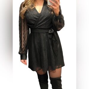 Express Elegant Black Lace Long Sleeve Tie Waist Mini Dress XS